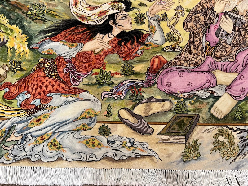 Persian Tabriz Pictorial Rug 5x3, Hafez Poetry In Border, Very Fine Hand Knotted Carpet, Wall Hanging Wool Oriental Carpet 3x5, Highly Detailed by Jewel Rugs