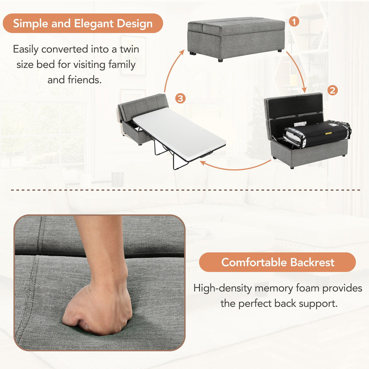 Twin Size Folding Ottoman Sleeper Bed With Mattress Convertible Guest Bed, photo 18 of 25