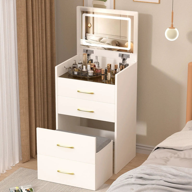Compact 3 In 1 Vanity Desk With Open Top Mirror, Glass Desktop, 5 Height - White by HouseOfZazla
