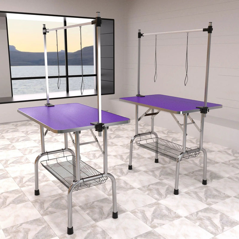 Folding Dog Pet Grooming Table Stainless Steel Frame Rubber Mat On Board With Adjustable Arm And Clamps Pet Dog Cat Grooming Table by HouseOfZazla