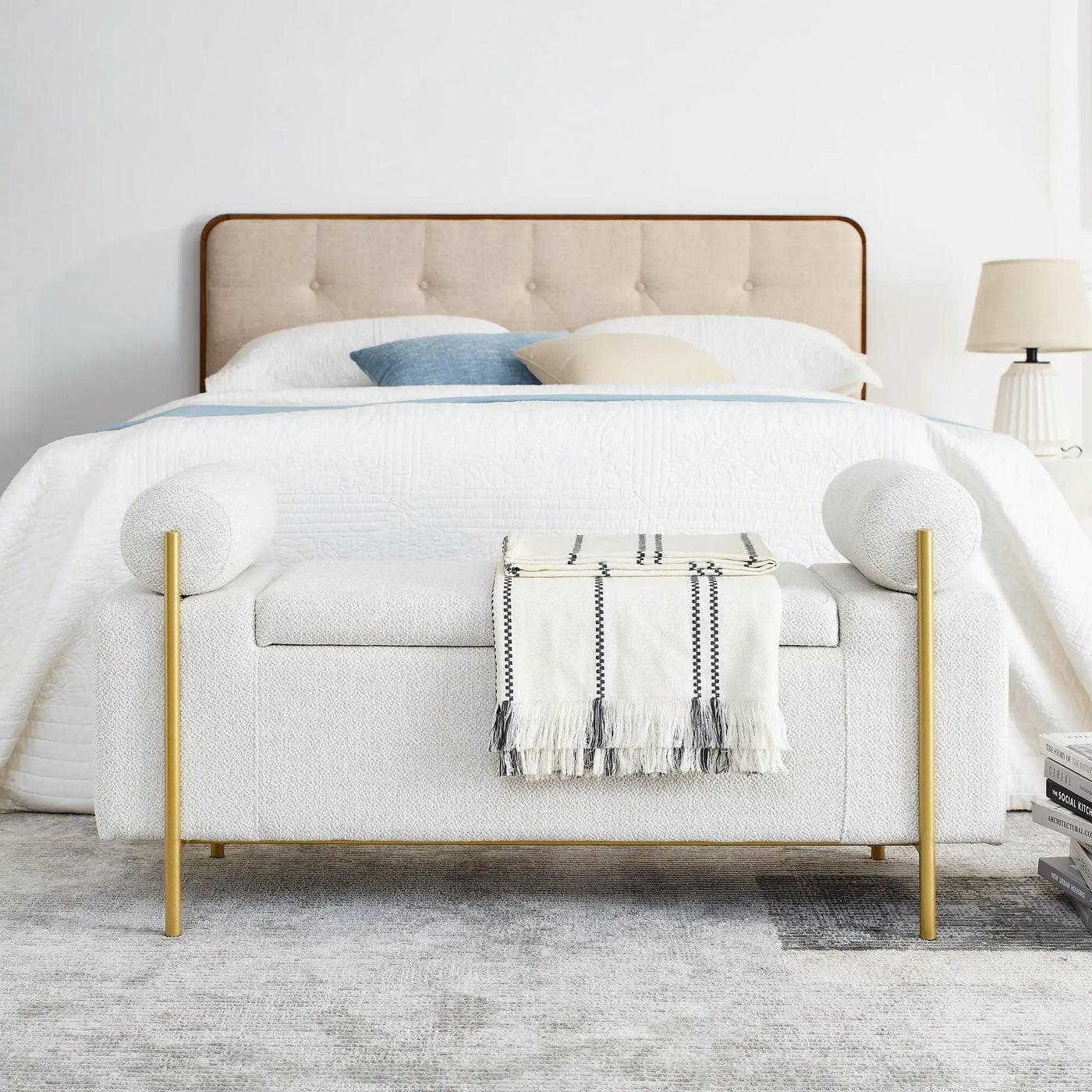 Elegant Upholstered Storage Bench With Cylindrical Arms And Iron Legs, by HouseOfZazla