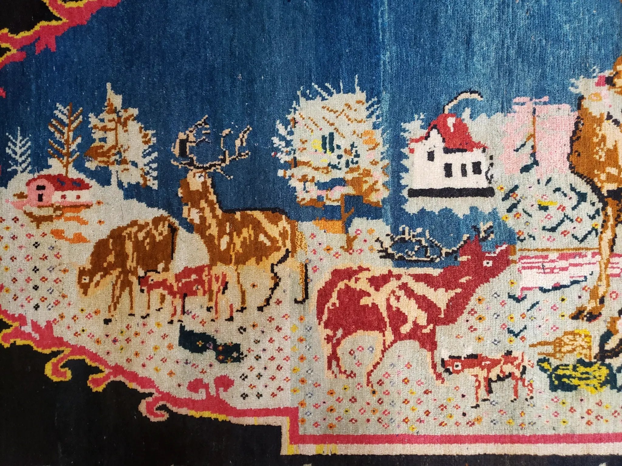 Antique Persian Pictorial Rug 4'6" x 9', Wool Hand-Knotted Blue Roses Karabagh Caucasian Carpet, 1920s Girl Deer Tapestry Wall Hanging Rug by Jewel Rugs