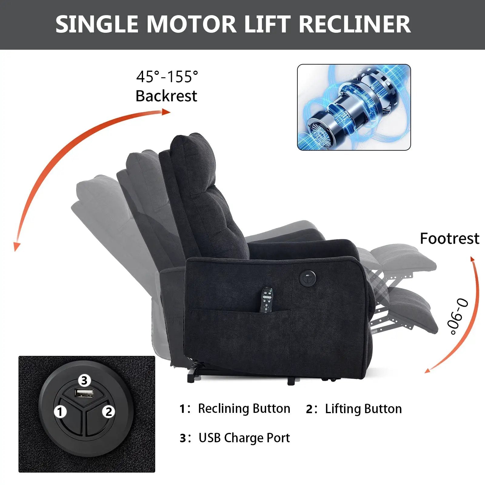 Black Chenille Single Motor Power Lift Recliner Chair by HouseOfZazla