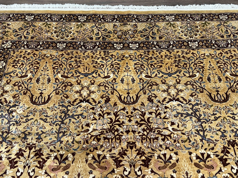Pretty Indo Persian Rug 6x9, Allover Floral Motif with Birds, Tan/Cream, Very Fine Oriental Carpet, Hand Knotted Vintage Indian Wool Rug by Jewel Rugs