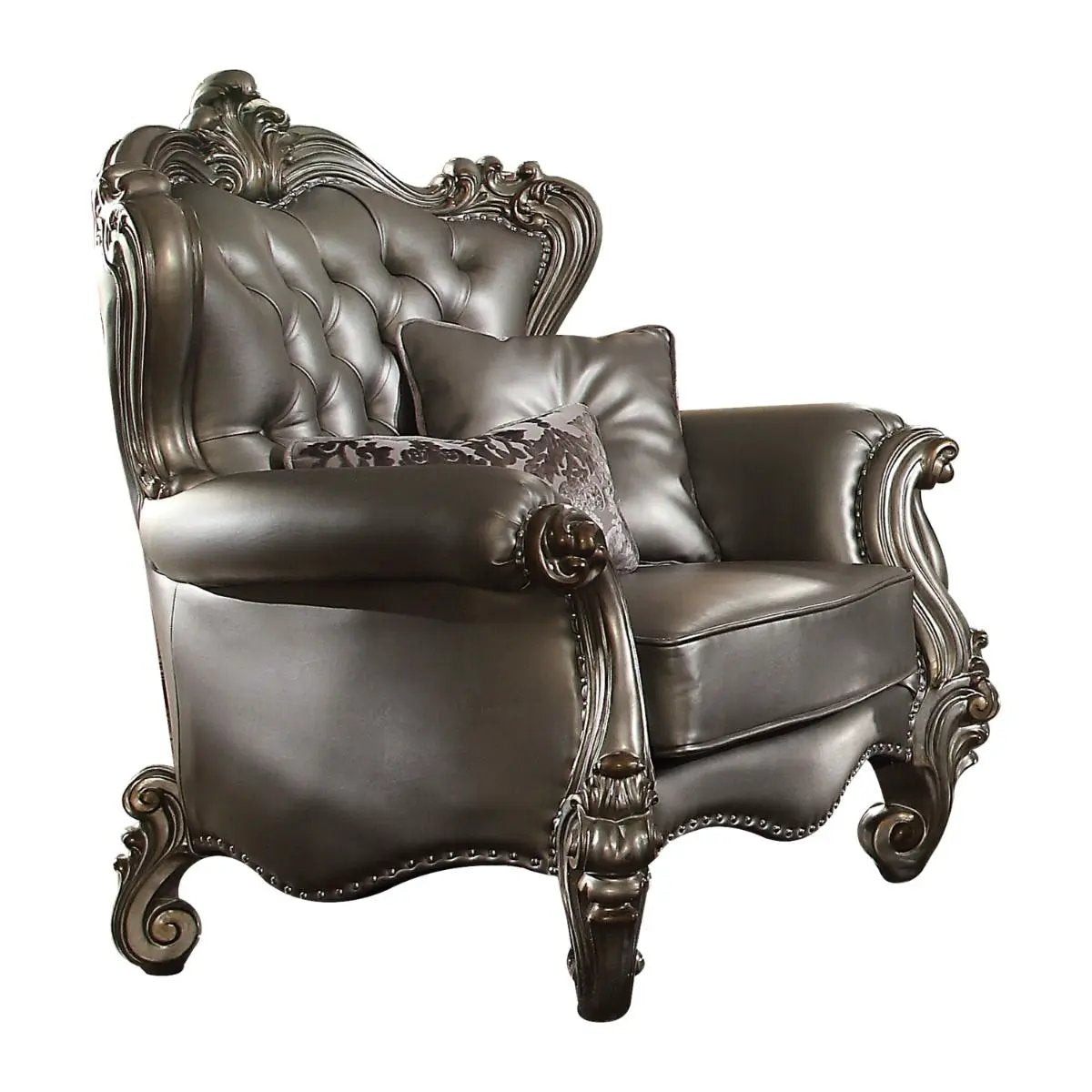 Versailles - Chair With 2 Pillows - Silver Synthetic Leather & Antique Platinum by Unique Piece Furniture