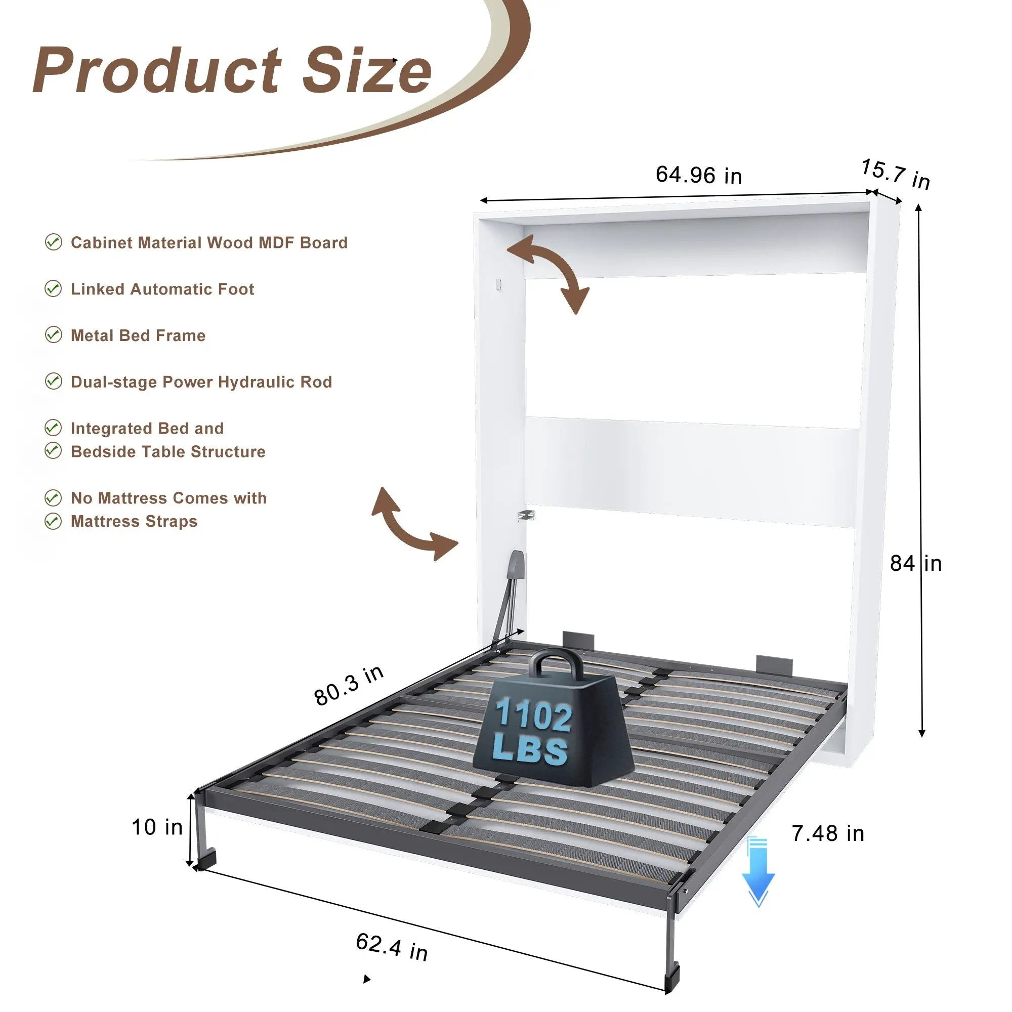 Queen Murphy Bed, Foldable Wall Bed, Space Saving Design For Bedrooms - White by Unique Piece Furniture