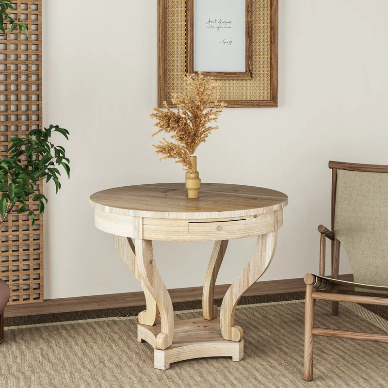 Curved Legs Farmhouse Style Small Size Round Dining Table End Table Side Table Coffee Table For Dinette, Kitchen, Dining Room Or Living Room - Natural Wood Grain Distressed by HouseOfZazla