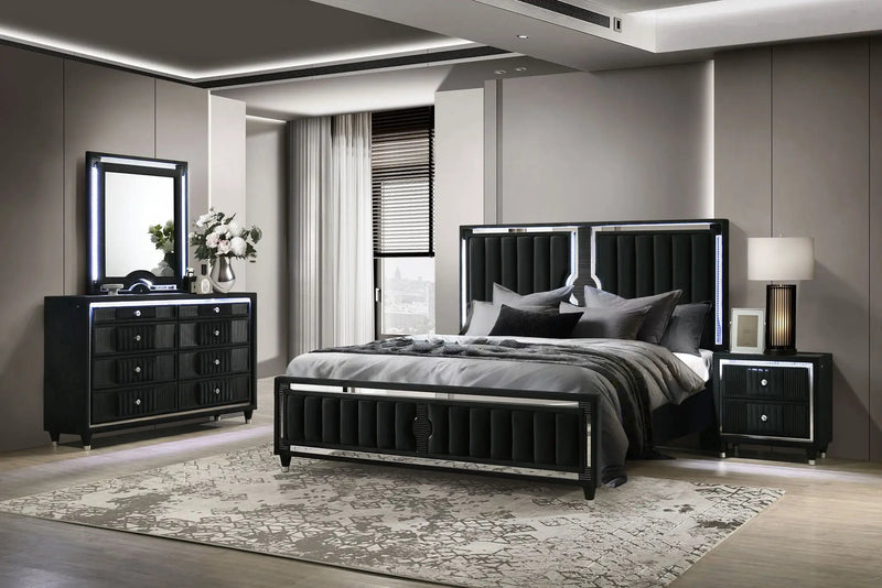 Ravenne 4-piece Velvet Upholstered California King LED Bedroom Set Black by Unique Piece Furniture