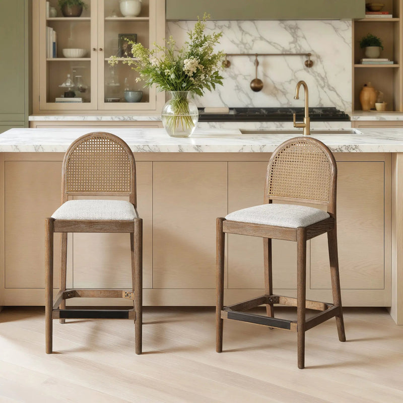 Panama 26.5" Curved Back Cane Rattan Counter Stool, Set of 2, Two-Tone Neutral by HouseOfZazla