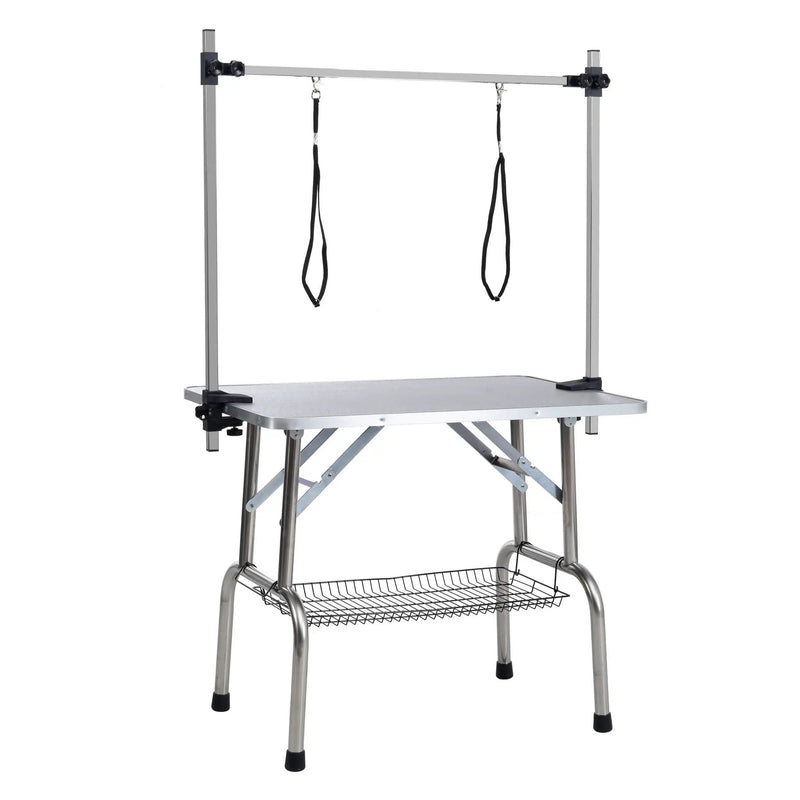 Folding Dog Pet Grooming Table Stainless Steel Frame Rubber Mat On Board With Adjustable Arm And Clamps Pet Dog Cat Grooming Table by HouseOfZazla