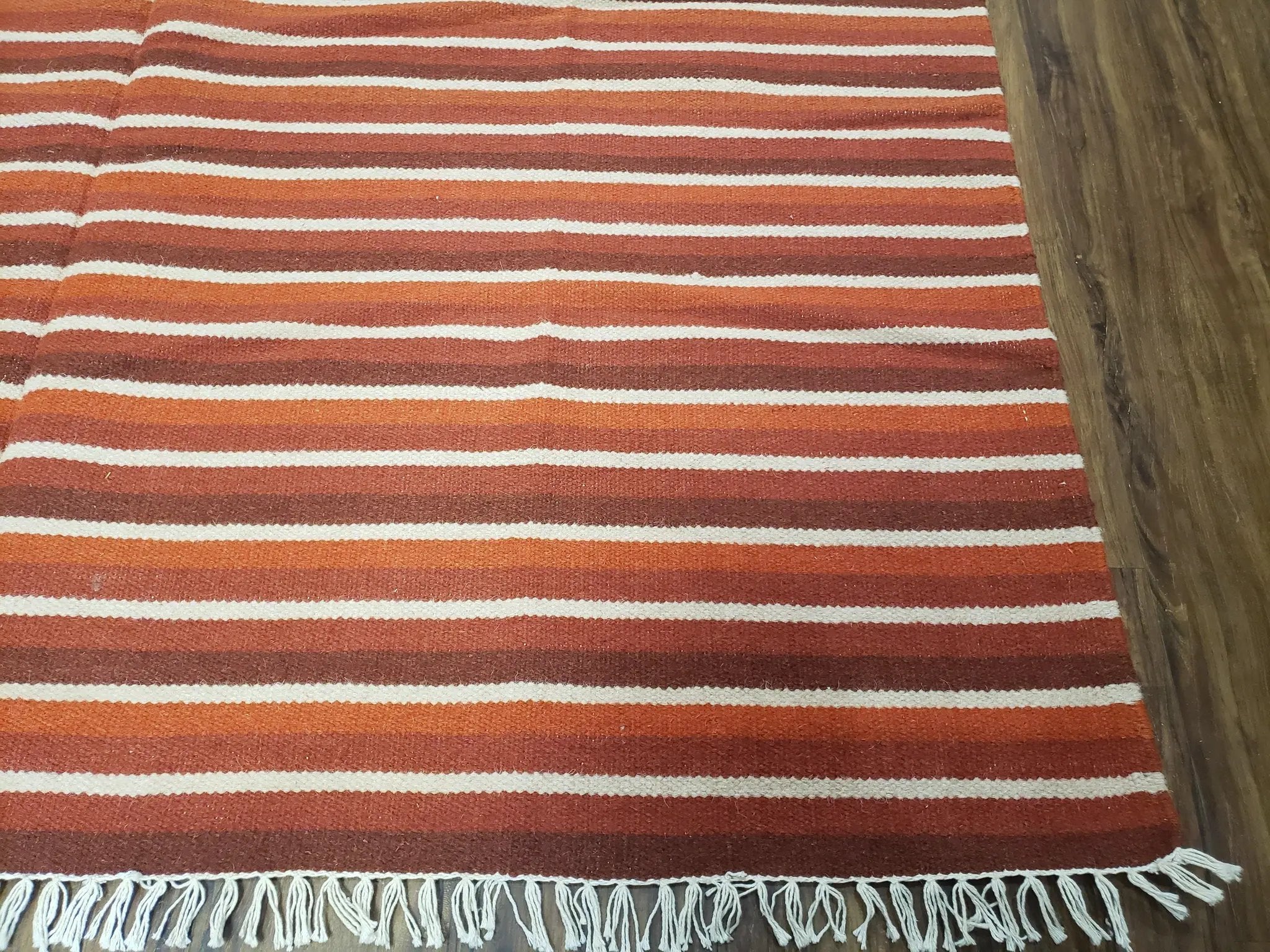 Large Striped Woolen Handmade Throw Blanket, Twin Size Bedding Hand-Woven, Indian Kilim Area Rug, 6x8 - 7x8, South American Style Textile by Jewel Rugs