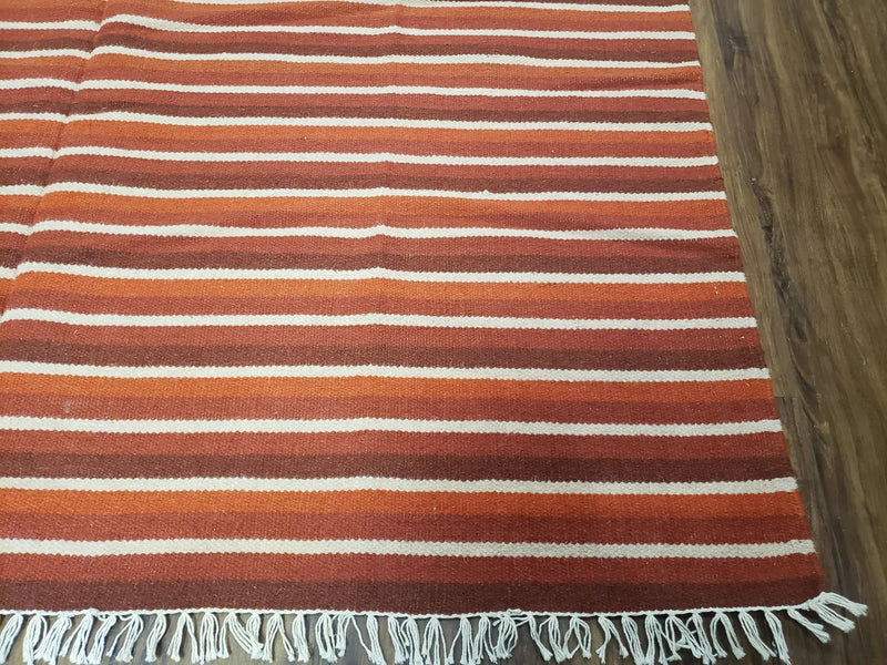 Large Striped Woolen Handmade Throw Blanket, Twin Size Bedding Hand-Woven, Indian Kilim Area Rug, 6x8 - 7x8, South American Style Textile by Jewel Rugs