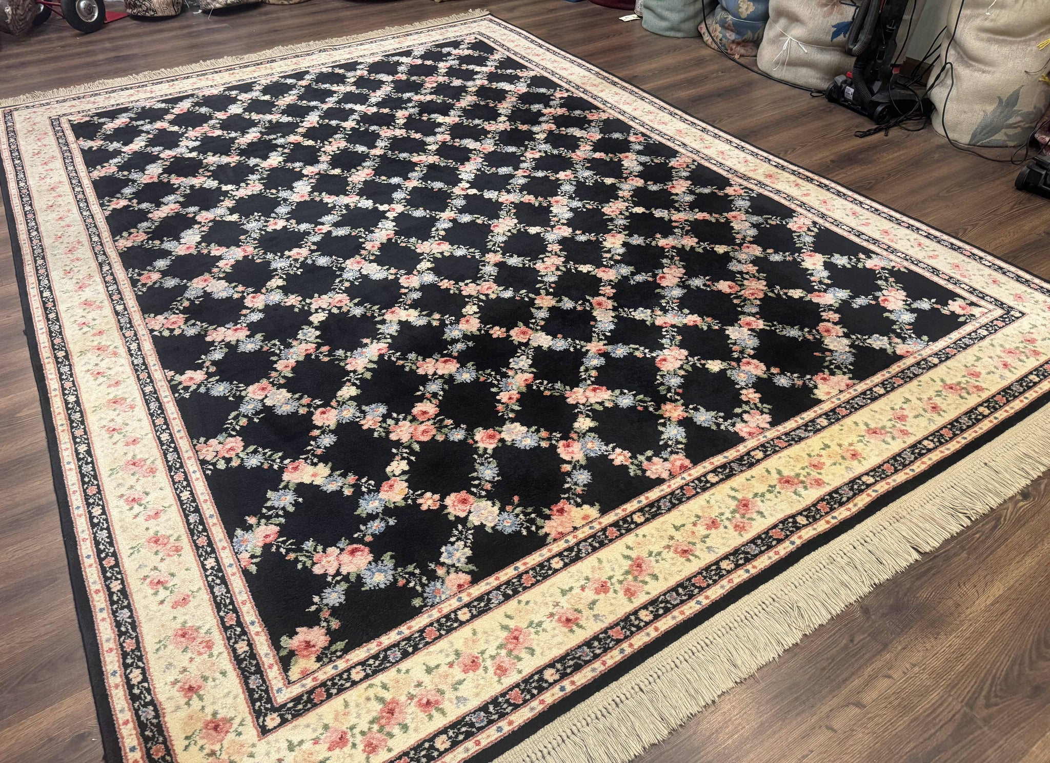 8.8 x 12 Karastan Garden of Eden Rug, Ebony Trellis #509/1270, Black, Floral, Wool Pile, Vintage, Discontinued by Jewel Rugs