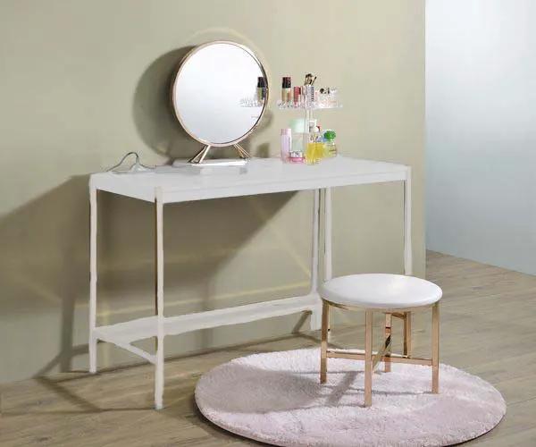 Midriaks - Mirror & Stool - Synthetic Leather , White & Gold by Unique Piece Furniture