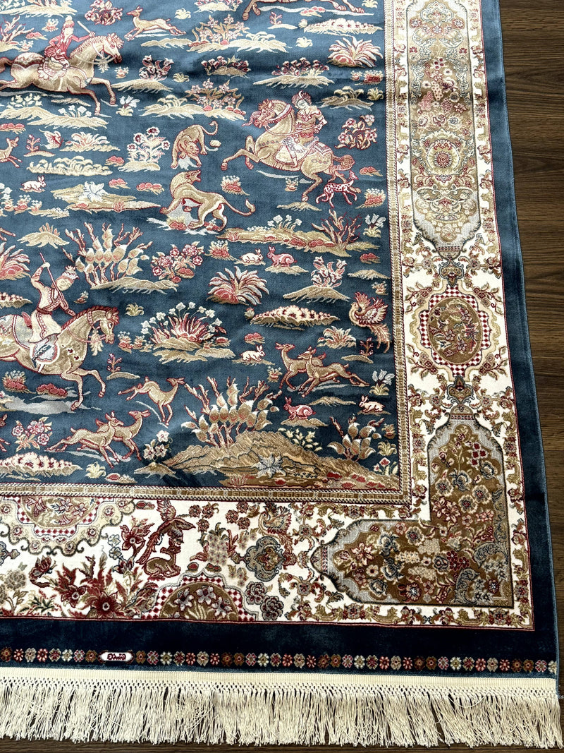 Turkish Silk Hunting Design Rug 4x6, Dark Steel Blue & Ivory, Bamboo Silk, New by Jewel Rugs