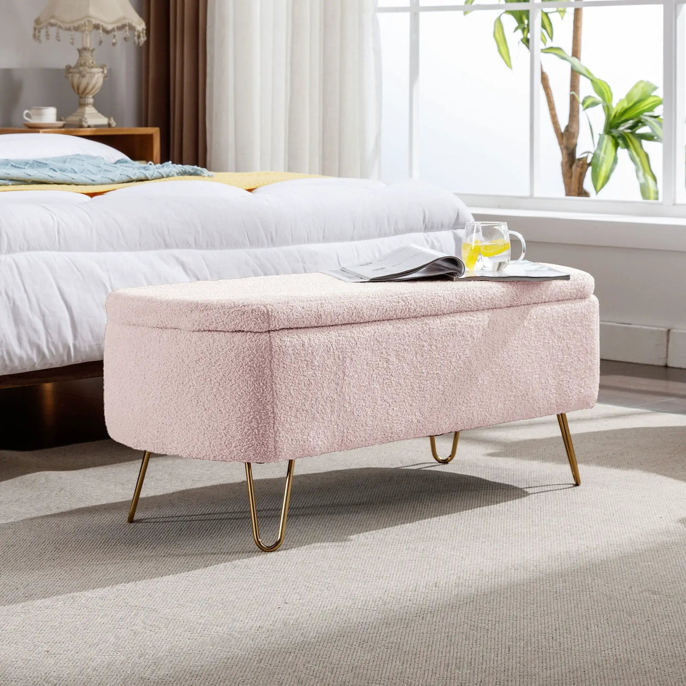 Storage Ottoman Bench For End Of Bed Legs, Modern Camel Faux Fur Entryway Bench Upholstered Padded With Storage For Living Room Bedroom by HouseOfZazla