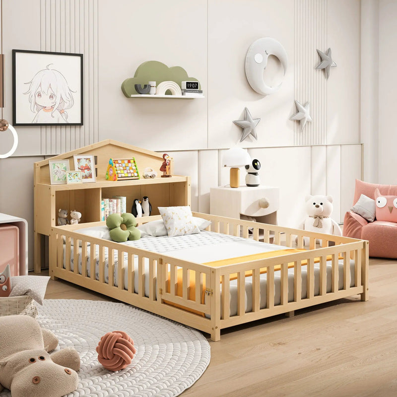 Full Size Montessori Floor Bed With Bookcases And boards, Solid Wood Platform Bed With Guard Rails And Storage Headboards - Natural by Unique Piece Furniture