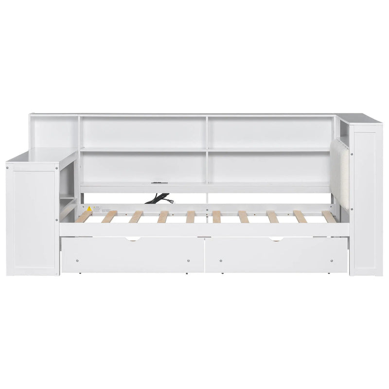 Platform Bed With Upholstered Headboard, Storage Shelves, Drawers, Charging Station, LED Lighting, Built In Desk by Unique Piece Furniture