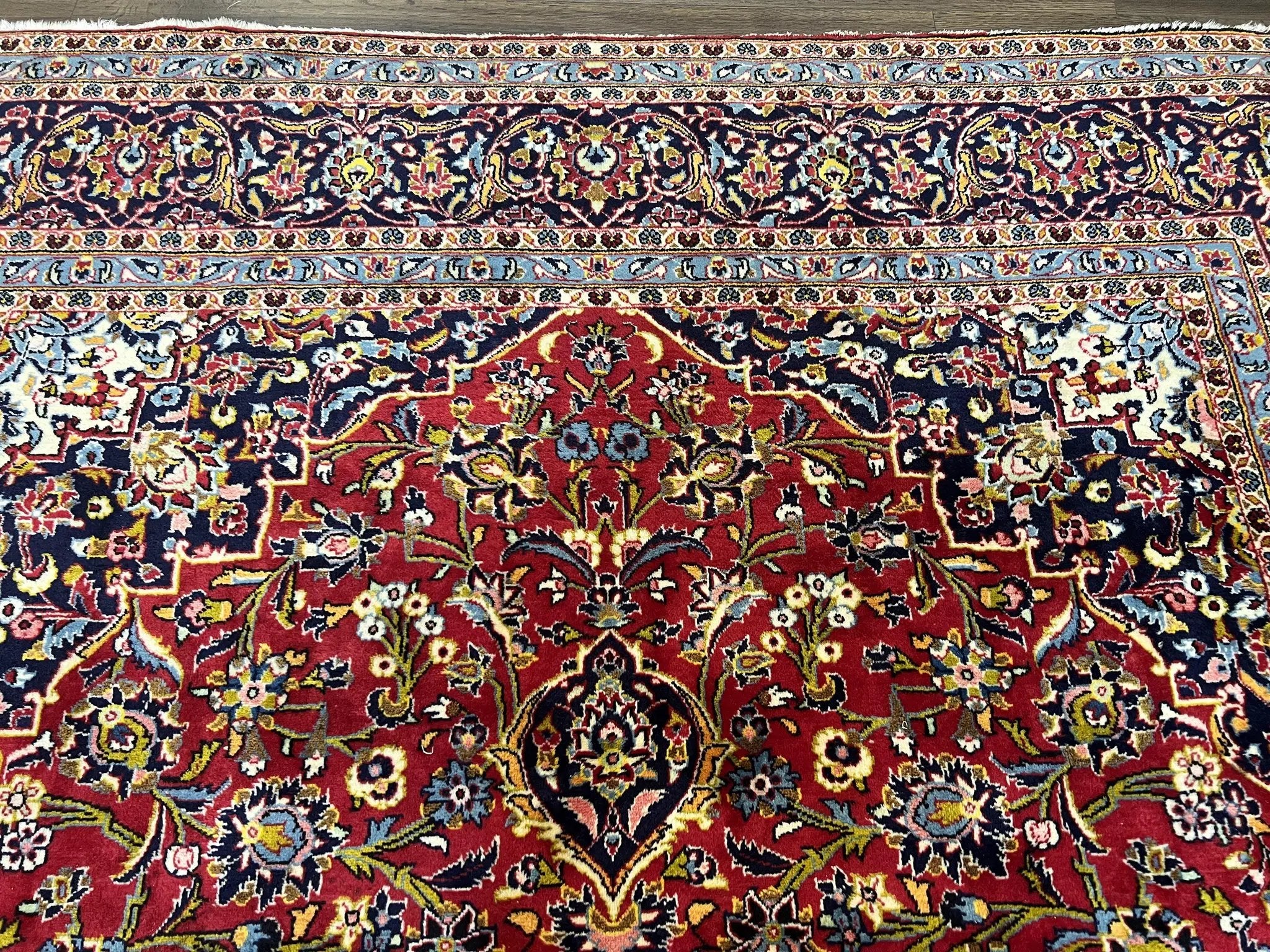 Persian Kashan Rug 9x12, Red Navy Blue, Allover Floral Medallion & Corner Design, Handmade Wool Oriental Carpet, Semi Antique Traditional Carpet by Jewel Rugs