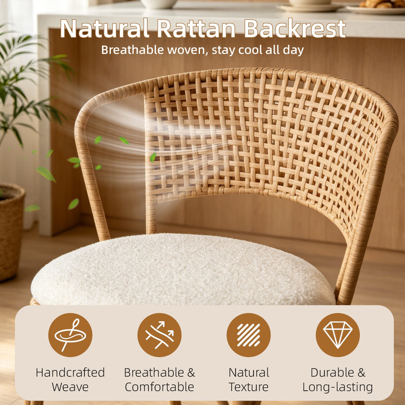 Modern Upholstered Bar Stools with Rattan Backrest Set of 2 - Metal Legs, photo 4 of 8