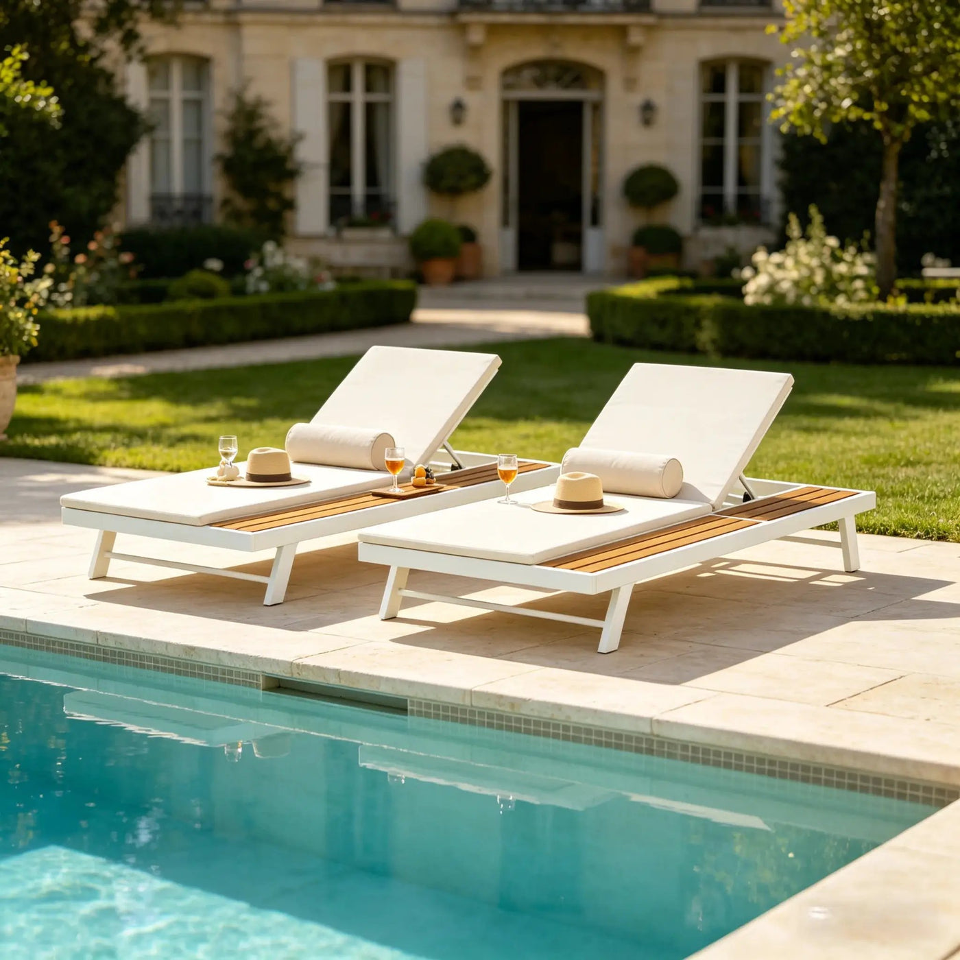 White Iron + Teak Finish Outdoor Chaise Lounge Set by HouseOfZazla