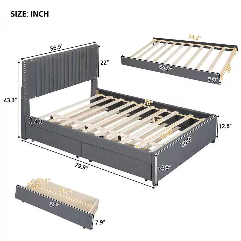 Upholstered Platform Bed With Drawers, Classic Headboard Design by Unique Piece Furniture