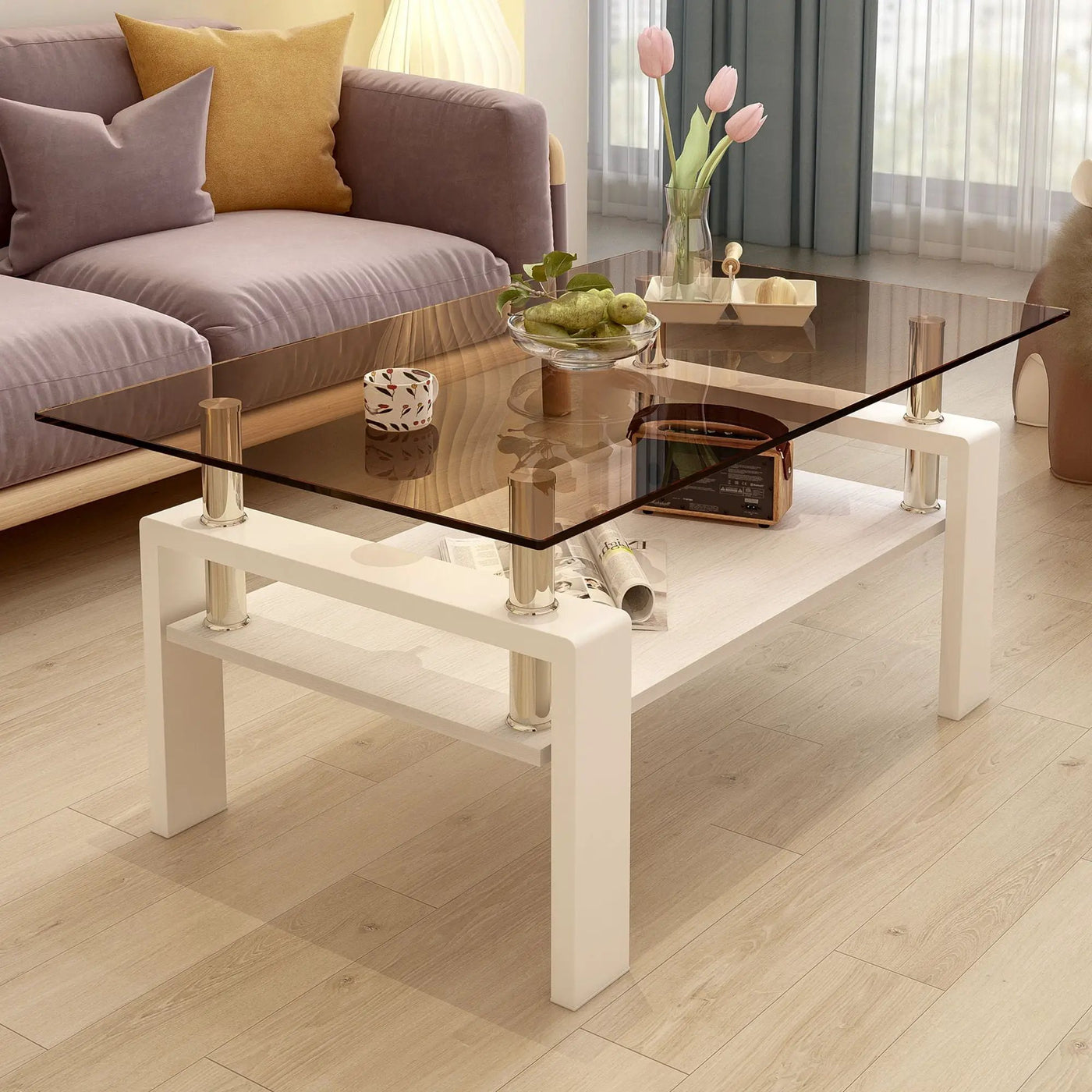 Modern Rectangular Coffee Table With Tempered Transparent Glass Top And Storage Shelf by HouseOfZazla