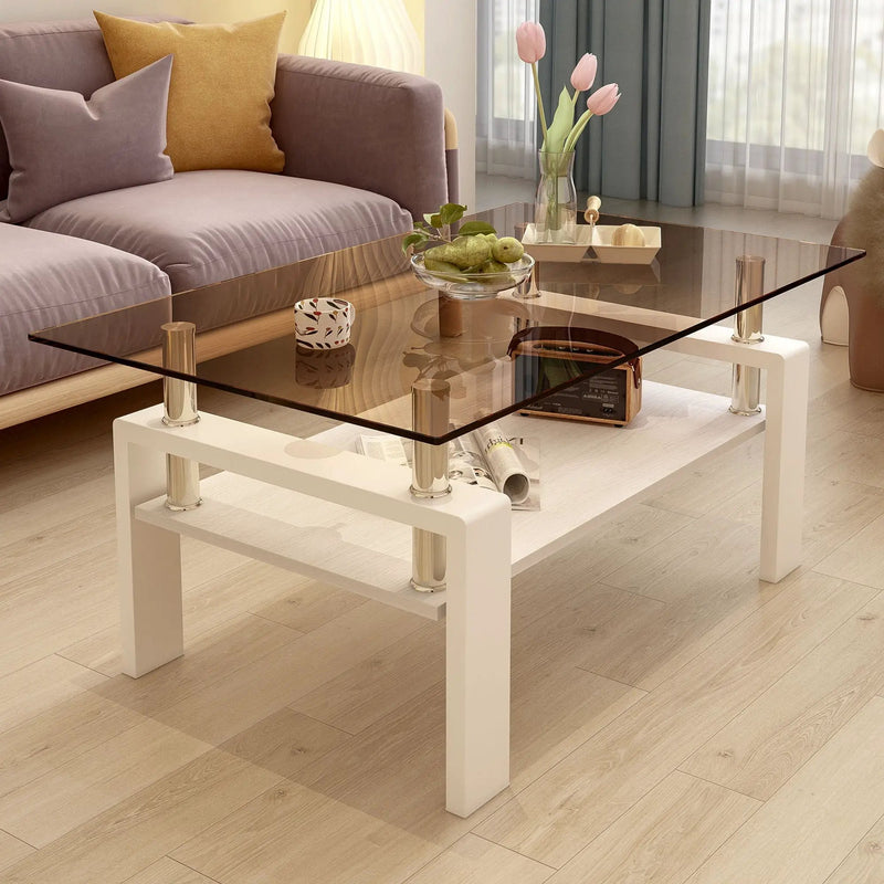 Modern Rectangular Coffee Table With Tempered Transparent Glass Top And Storage Shelf by HouseOfZazla