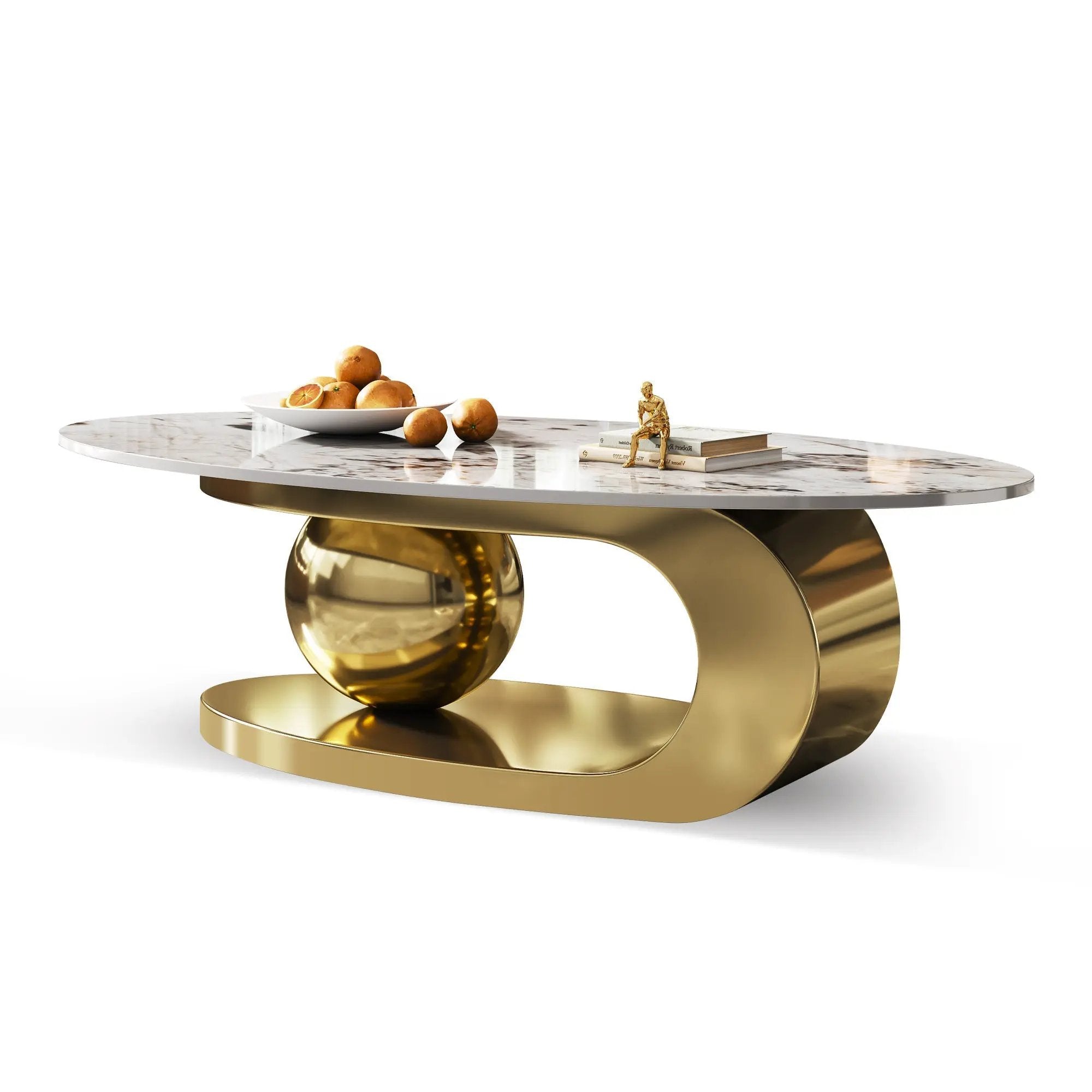 49.2 Inches Oval Faux Marble Coffee Table for Living Room with Stainless Steel Base by HouseOfZazla