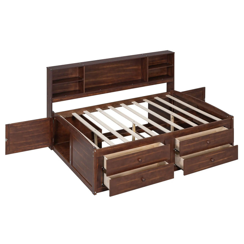 Full Size Captain Bed With Built In Storage Shelves, 4 Drawers And 2 Cabinets - Antique Brown by HouseOfZazla