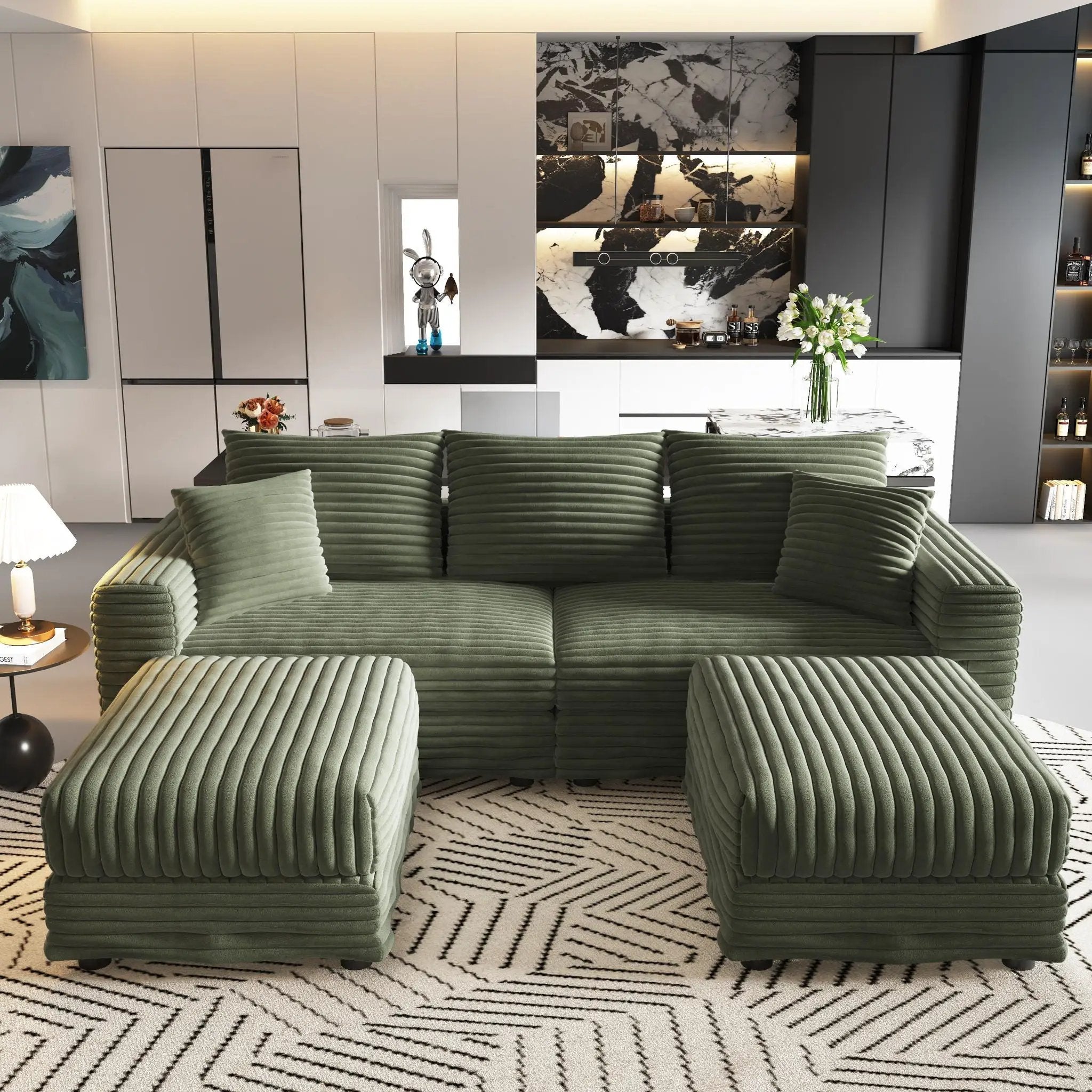 Convertible Deep Seat Sofa With Soft Pillows And Ottomans