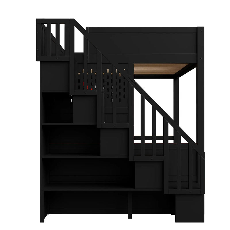 Full Gaming Loft Bed With Desk And Storage Staircase, LED Lights And USB - Red / Black by HouseOfZazla