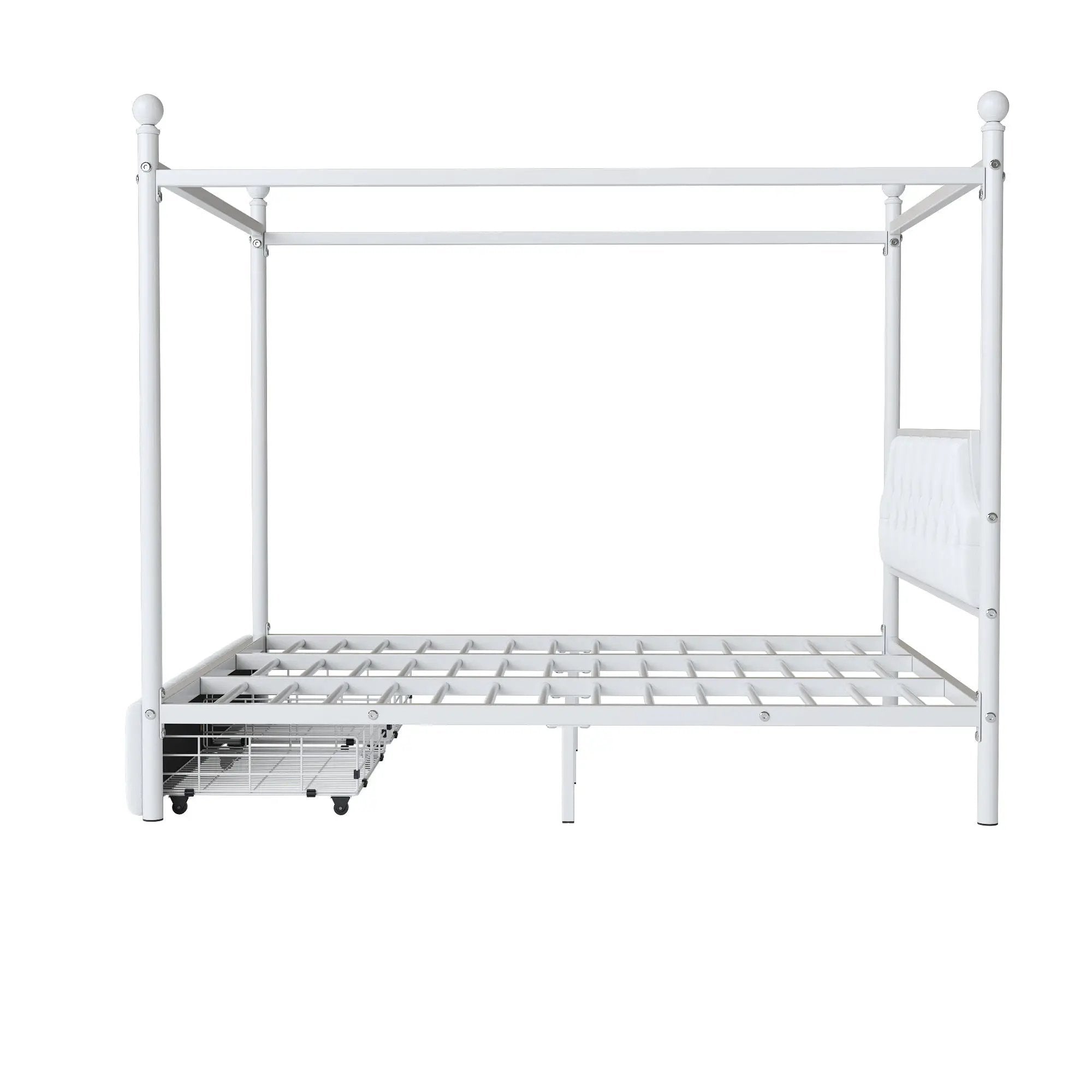 Queen Size Canopy Platform Bed With Upholstered Headboard And 2 Storage Drawers - White by HouseOfZazla
