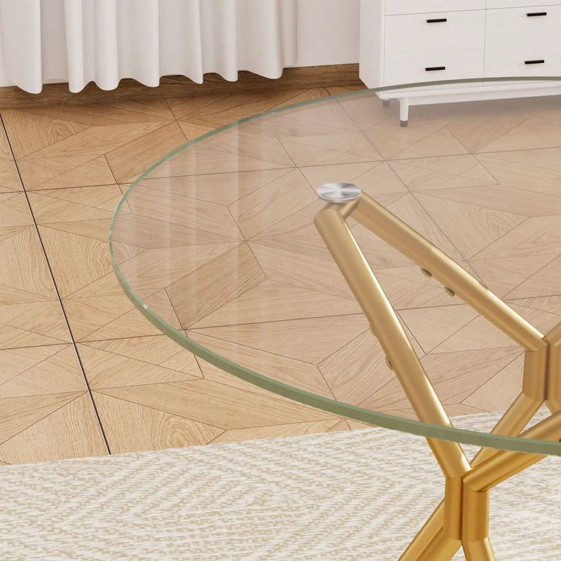 Modern Round Tempered Glass Dining Table With Sturdy Metal Legs For 1 - 4 People - Gold by HouseOfZazla