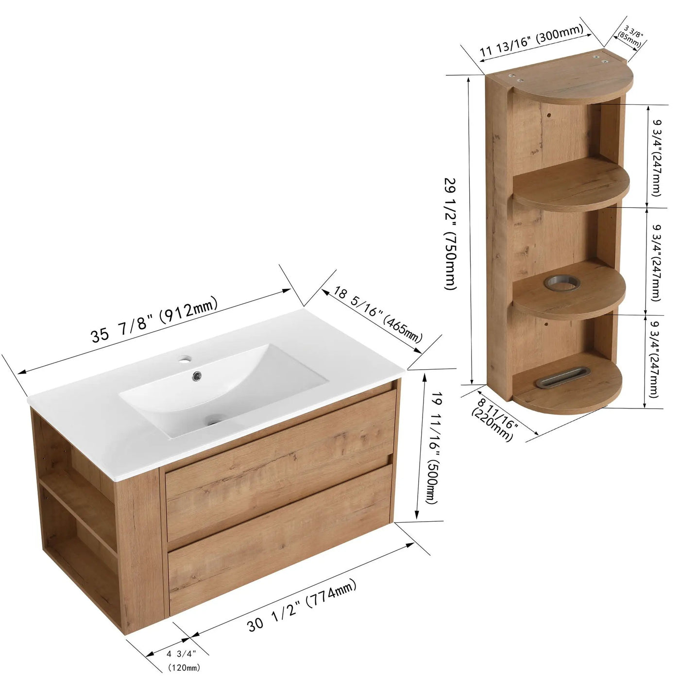 Modern Wall Mounted Bathroom Vanity with Ceramic Sink and Storage Rack by HouseOfZazla