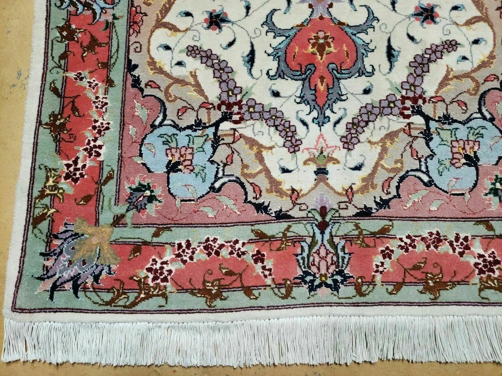 Small Vintage Persian Tabriz Wool and Silk Rug 2.5 x 4 ft, Very Finely Hand Knotted, Medallion, Ivory Salmon Light Blue, Top Quality, Pair B by Jewel Rugs