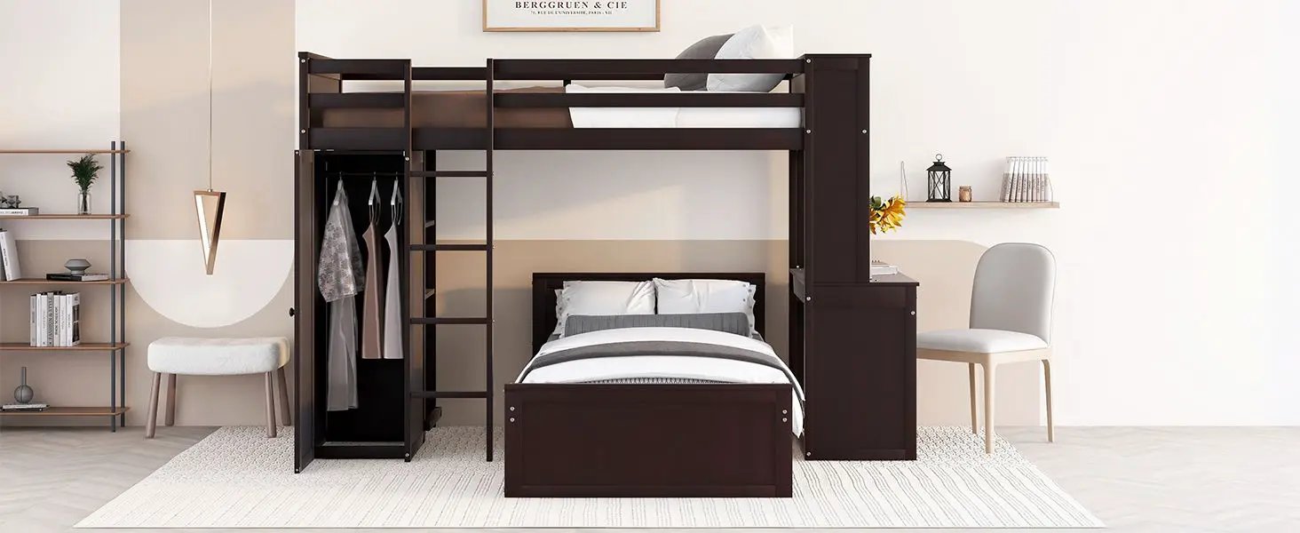 Loft Bed With A Stand Alone Bed, Shelves, Desk, And Wardrobe by HouseOfZazla