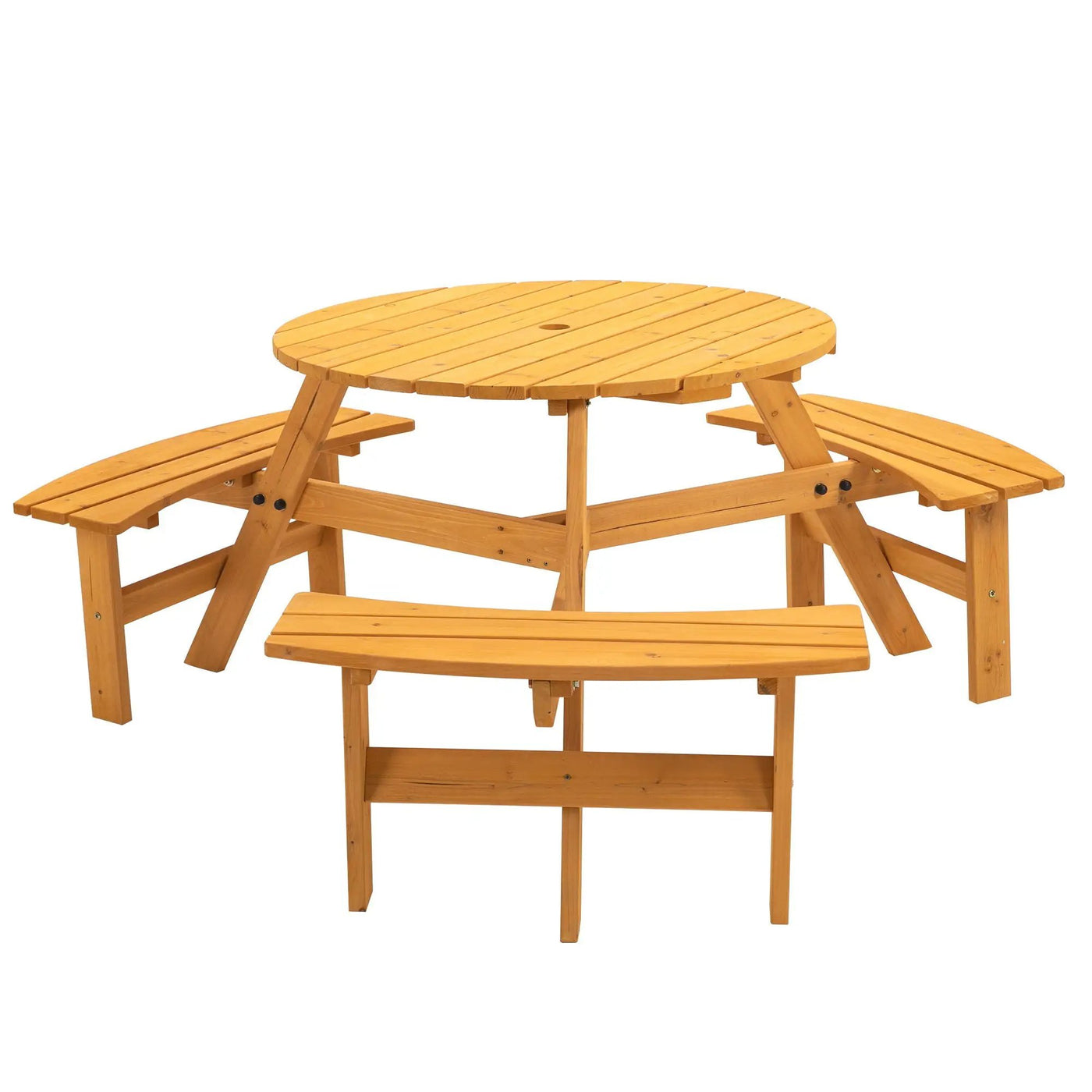 6 Person Circular Outdoor Wooden Picnic Table For Patio, Backyard, Garden, Diy With 3 Built-In Benches, 1720Lb Capacity by HouseOfZazla