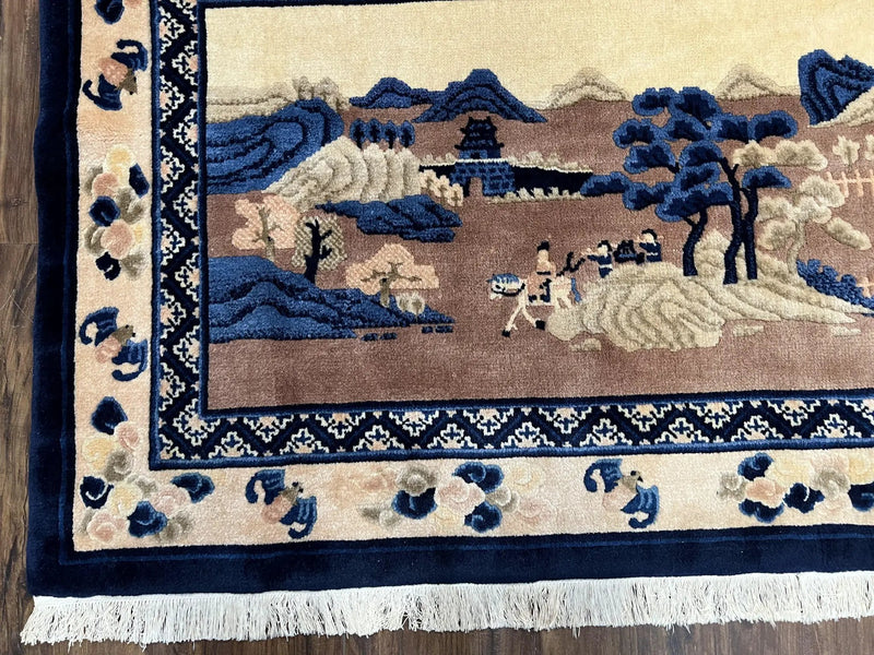Antique Chinese Pictorial Rug 2.7 x 5, Chinese Village and Hills Carpet, Beige and Dark Blue, Handmade, Horizontal Rug Wall Hanging Tapestry by Jewel Rugs