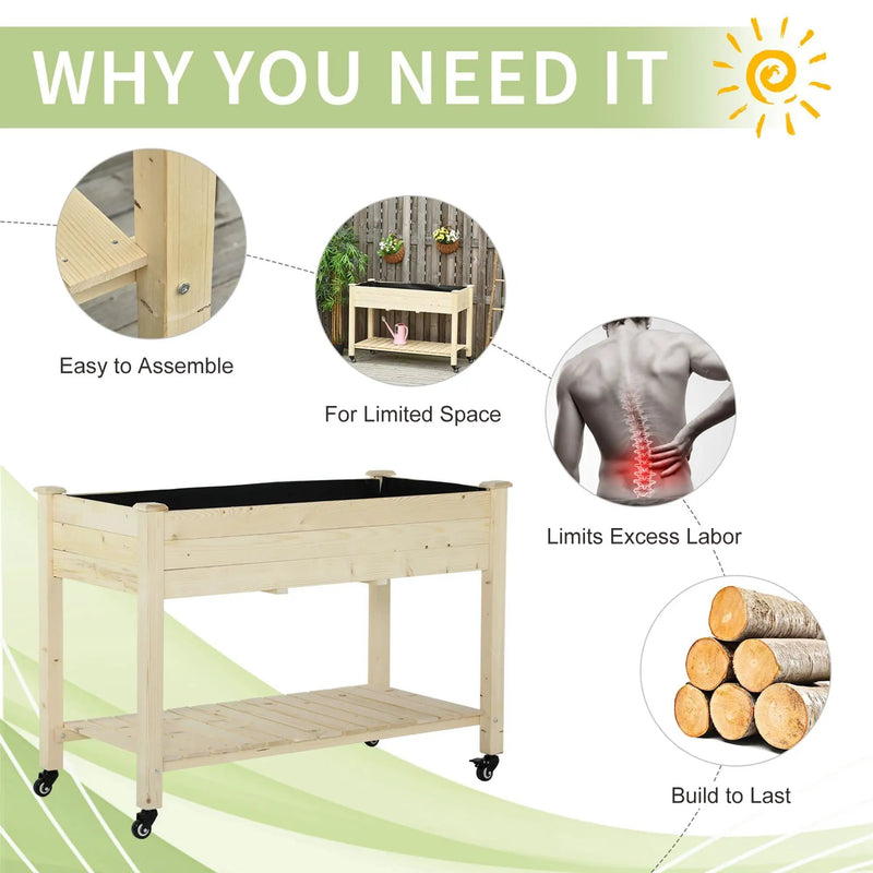 Outsunny - Raised Garden Bed, 47" x 22" x 33", Elevated Wooden Planter Box With Lockable Wheels, Storage Shelf, And Bed Liner For Backyard, Patio - Natural by HouseOfZazla