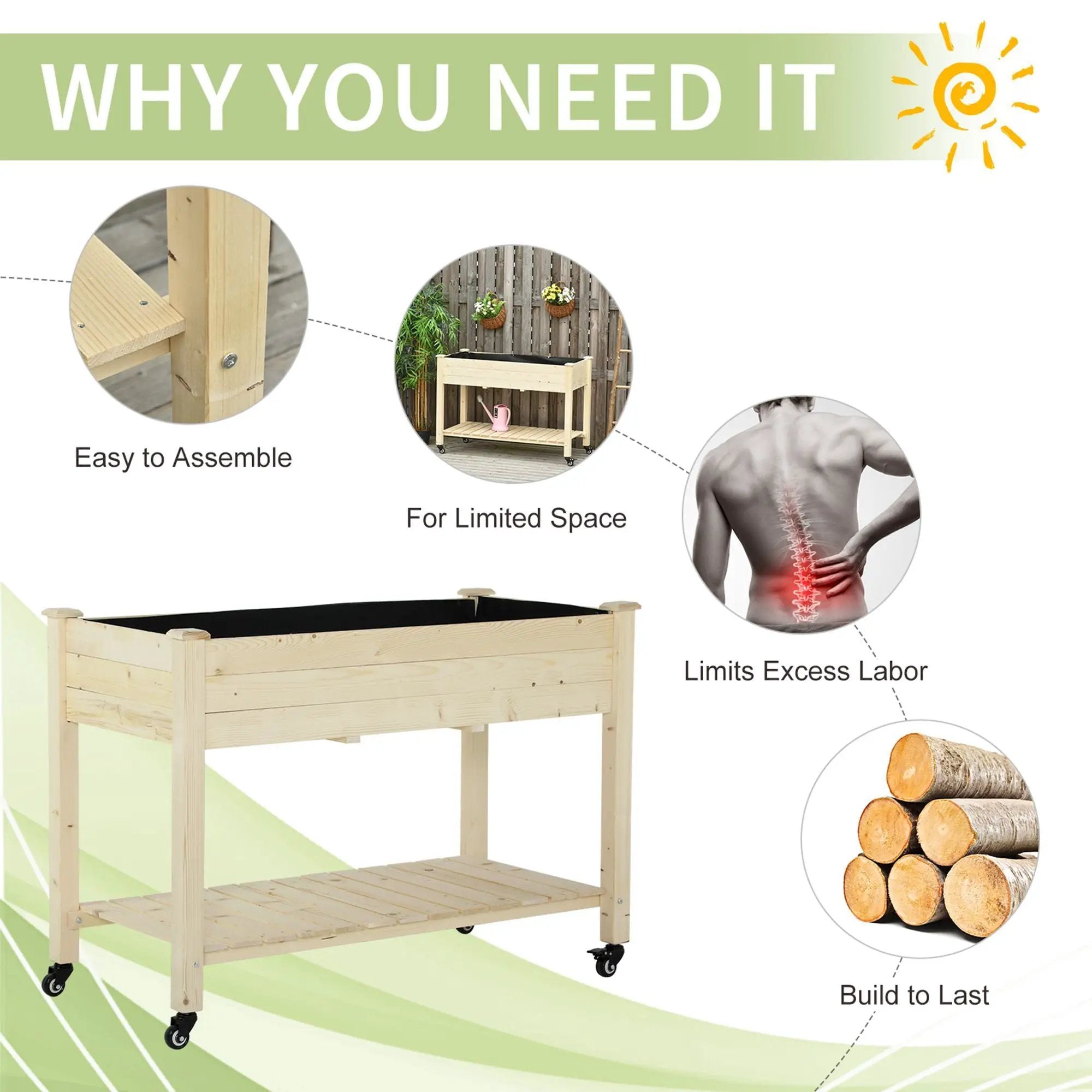 Outsunny - Raised Garden Bed, 47" x 22" x 33", Elevated Wooden Planter Box With Lockable Wheels, Storage Shelf, And Bed Liner For Backyard, Patio - Natural by Unique Piece Furniture