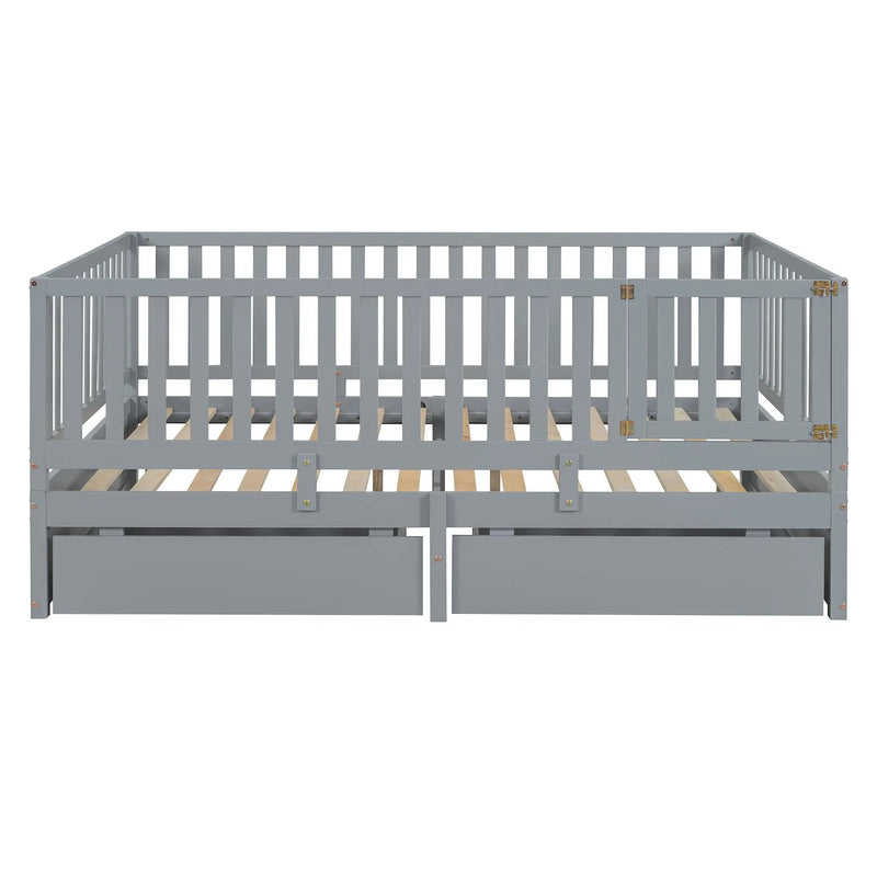 Daybed With Fence Guardrails And 2 Drawers, Split Into Independent Floor Bed & Daybed by HouseOfZazla
