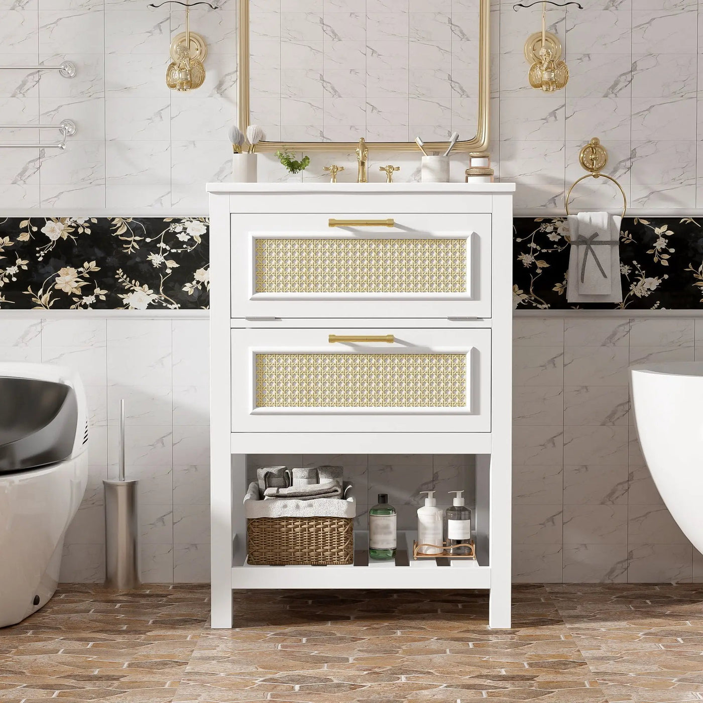 Modern Bathroom Vanity With Integrated Sink, Cabinet With 1 Deep Drawer And 1 Tip-Out Drawer by HouseOfZazla