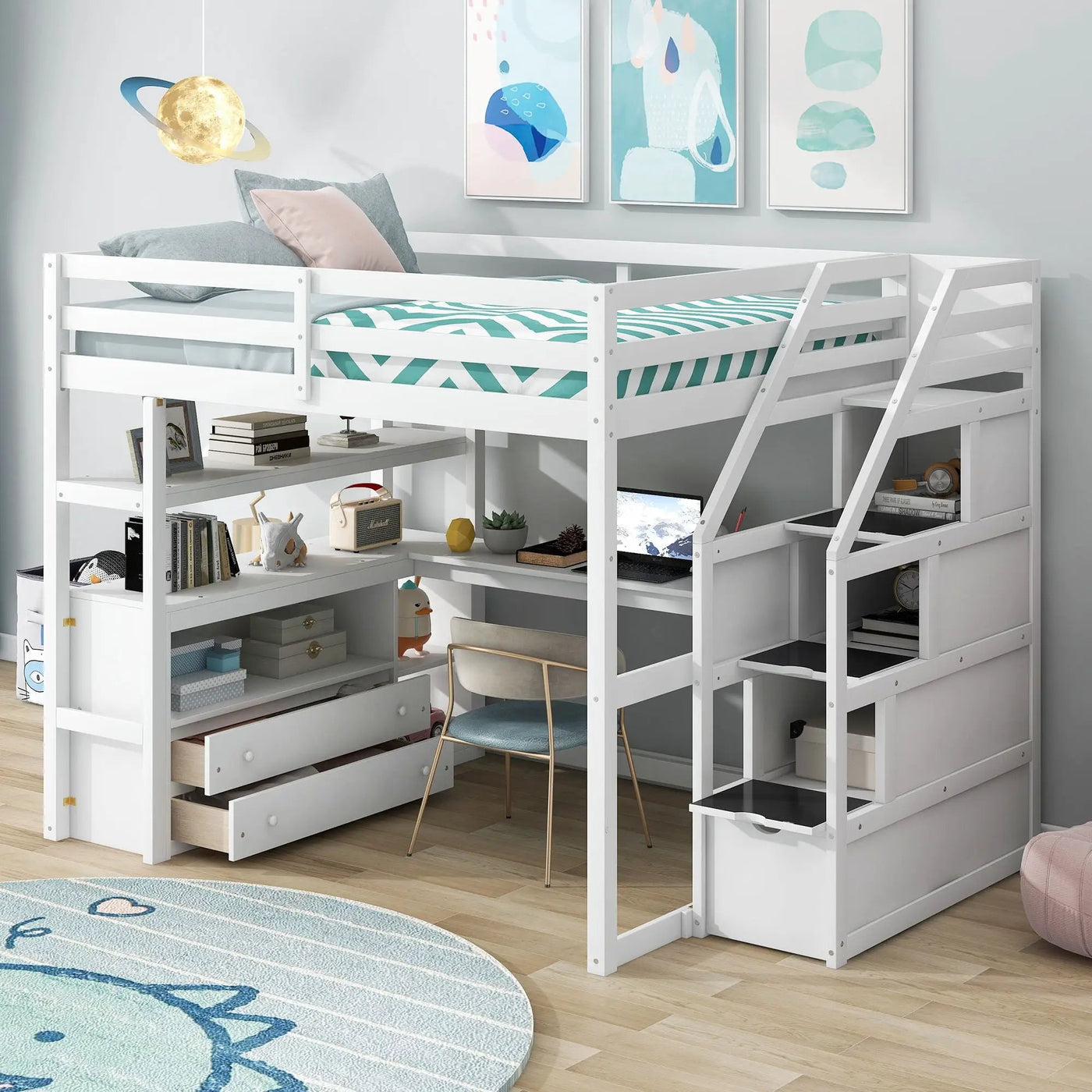 Loft Bed With Desk, Shelves, 2 Drawers, Storage Staircase by Unique Piece Furniture