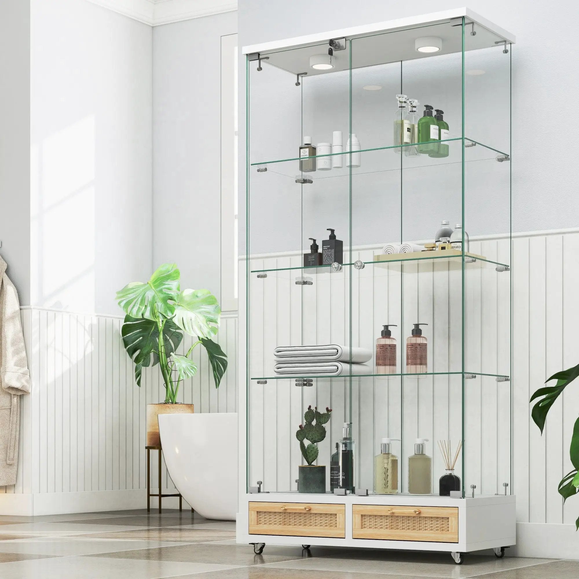 Glass Display Cabinet With LED Lights, Tempered Glass Doors, Large Drawers, 2 Door Storage Case With 4 Shelves - Natural / White by HouseOfZazla