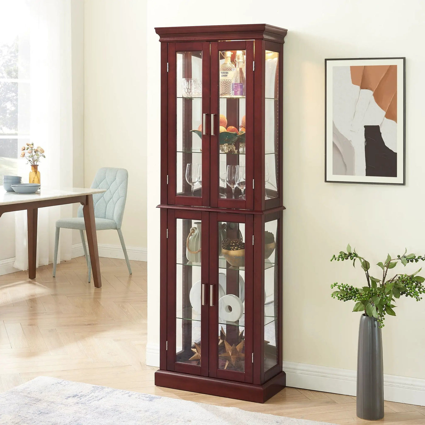 Lighted Curio Cabinet With Adjustable Shelves and Mirrored Back Panel by HouseOfZazla