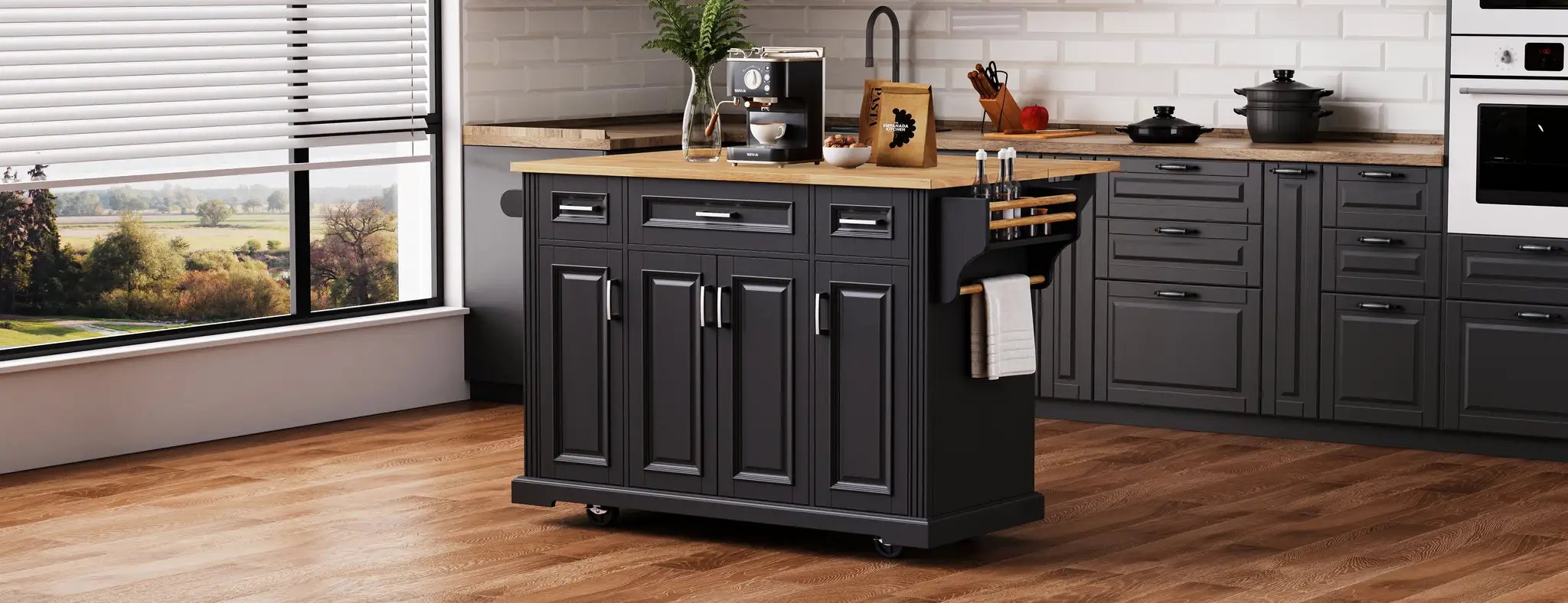 K&K 54 Inch Large Kitchen Island with Rubber Wood Drop Leaf by HouseOfZazla