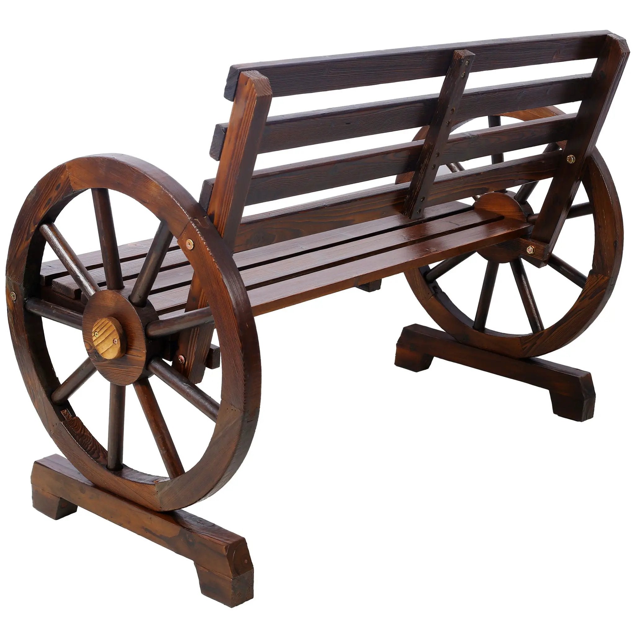 Rustic Country 2 Person Wooden Wagon Wheel Bench With Slatted Seat And Backrest - Brown by HouseOfZazla