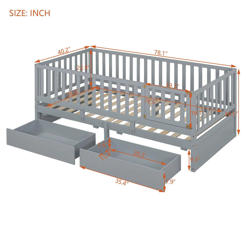 Daybed With Fence Guardrails And 2 Drawers, Split Into Independent Floor Bed & Daybed by HouseOfZazla