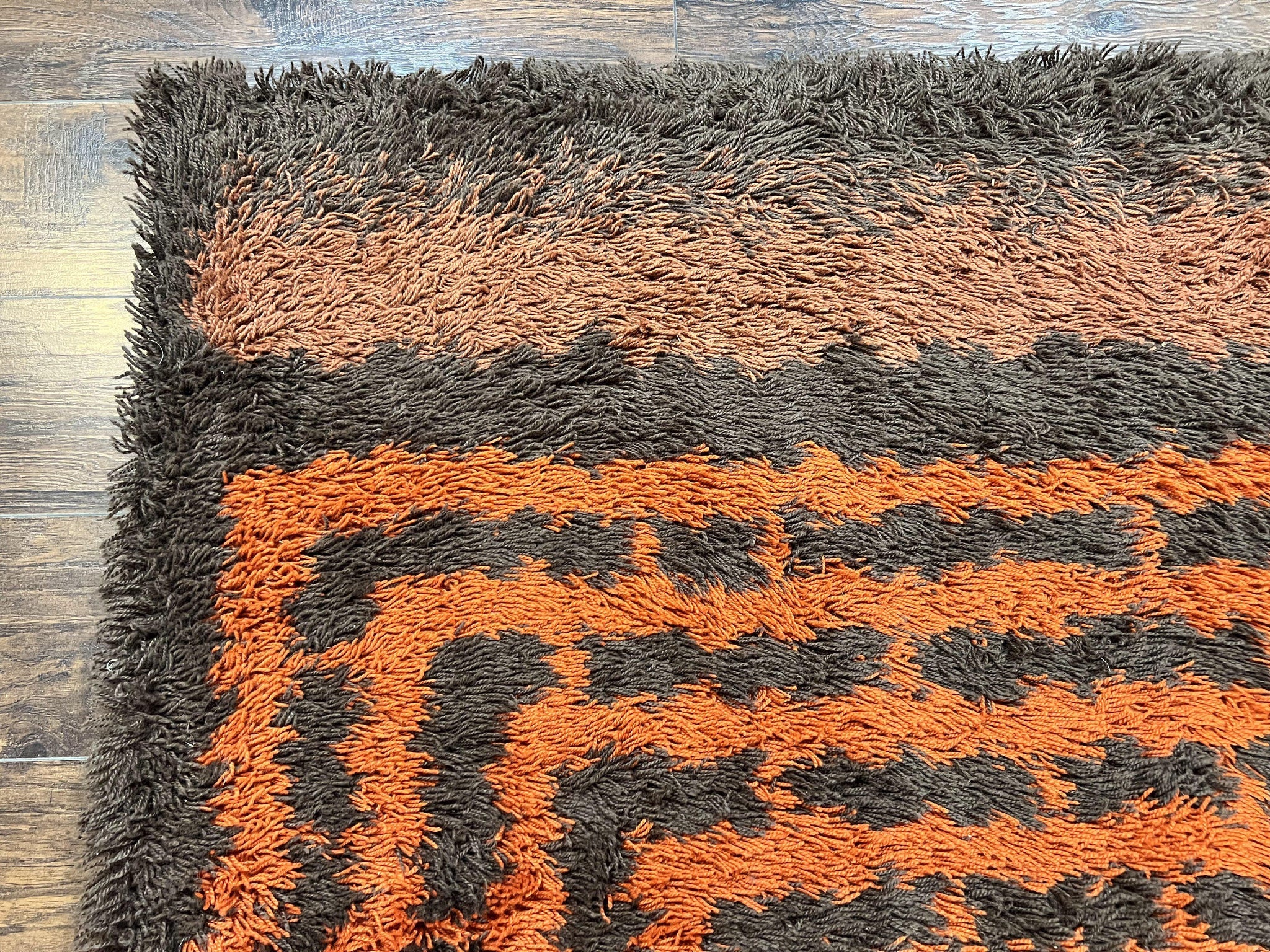 Vintage Rya Shag Rug 4.6 x 6.6, Abstract Design, Brown and Orange, Mid Century Danish Rya Carpet by Jewel Rugs